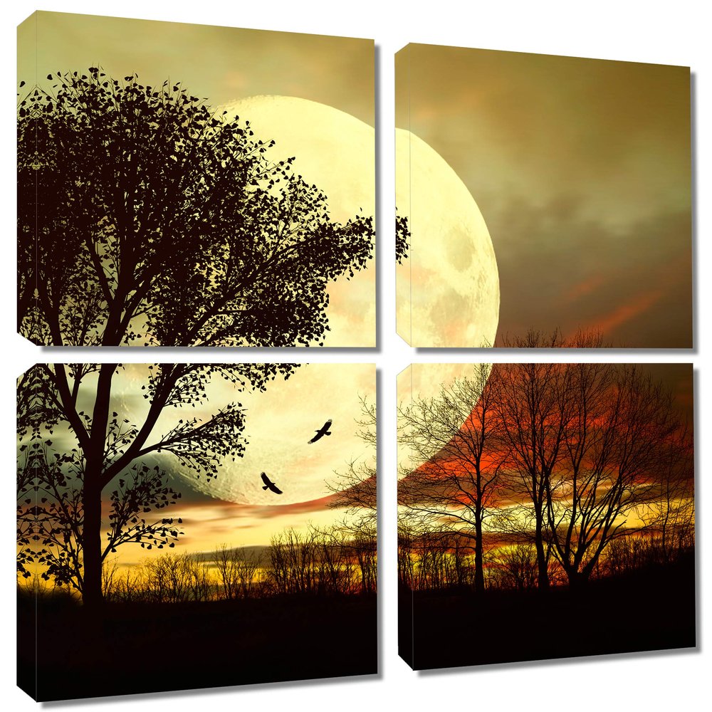 20 x 20 TOTAL - Full Moon behind a tree Canvas Print. 4 Panel Split (Quad) Wall Art