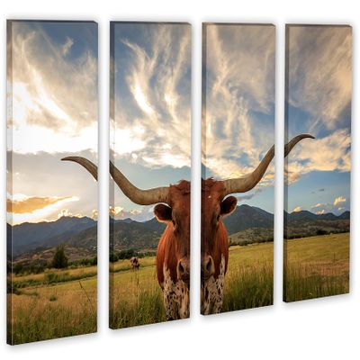 64 x 40 TOTAL - Texas Longhorn Canvas Print Wall Art. 4 Panel Split, Animal wall decor interior design