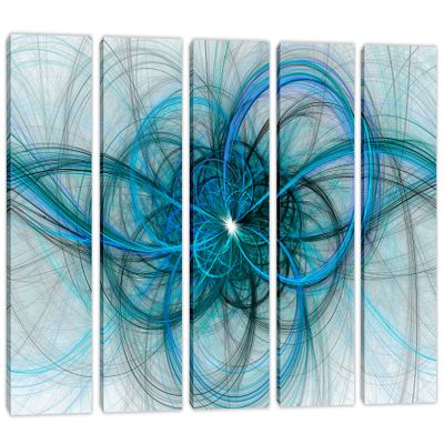 90 x 60 TOTAL - Magnetosphere abstract Wall Art, Fractal Lines Canvas Print turquoise blue 5 Panel Split