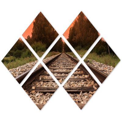 102 x 68 TOTAL - Train tracks to sunset Wall Art Canvas Print 7 Panel Butterfly Split, home decor interior design