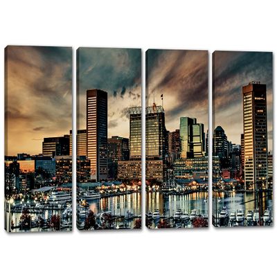72 x 36 TOTAL - Baltimore MD Wall Art Canvas Print Inner Harbor dramatic skies 4 Panel Split Maryland skyline