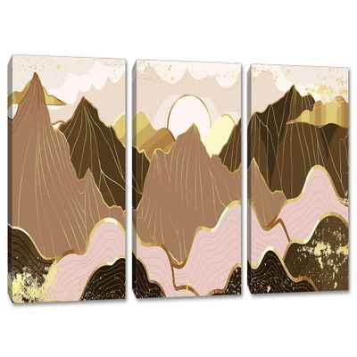 60 x 30 TOTAL - Mountains Wall Art Illustration Canvas Print brown gold 3 Panel Split Oriental Art Decor