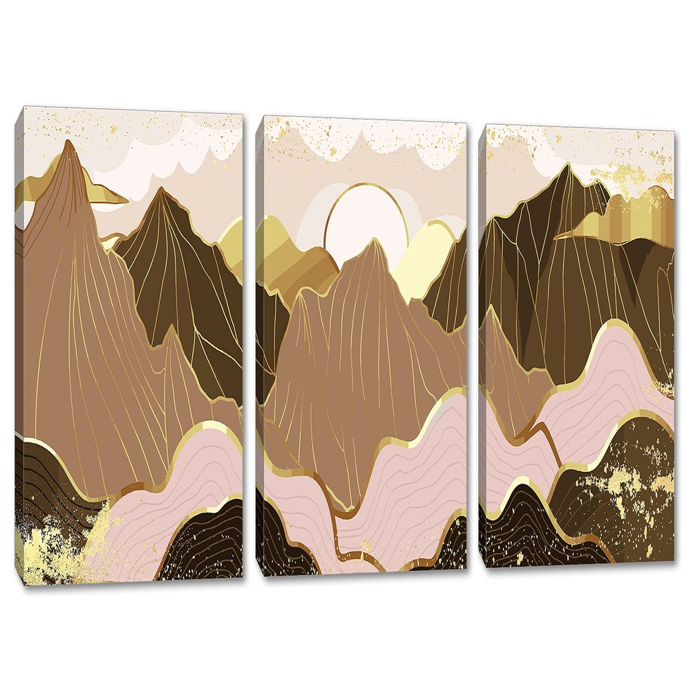 60 x 30 TOTAL - Mountains Wall Art Illustration Canvas Print brown gold 3 Panel Split Oriental Art Decor