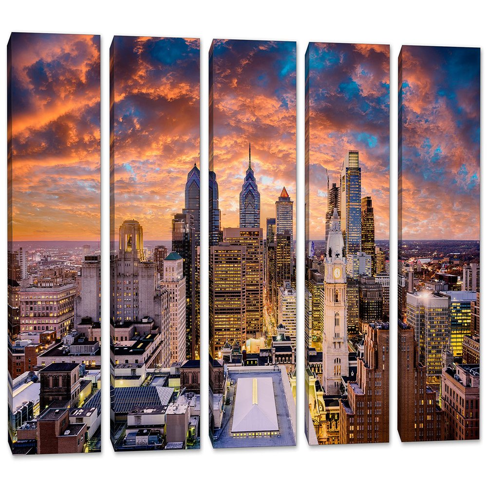 40 x 26 TOTAL - Philadelphia PA Wall Art Skyline Canvas Print 5 Panel Split Philly City Pennsylvania Print