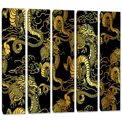 60 x 40 TOTAL - Chinese yellow-gold Dragons Canvas Print Wall Art 5 Panel Split Chinese, asian wall decor