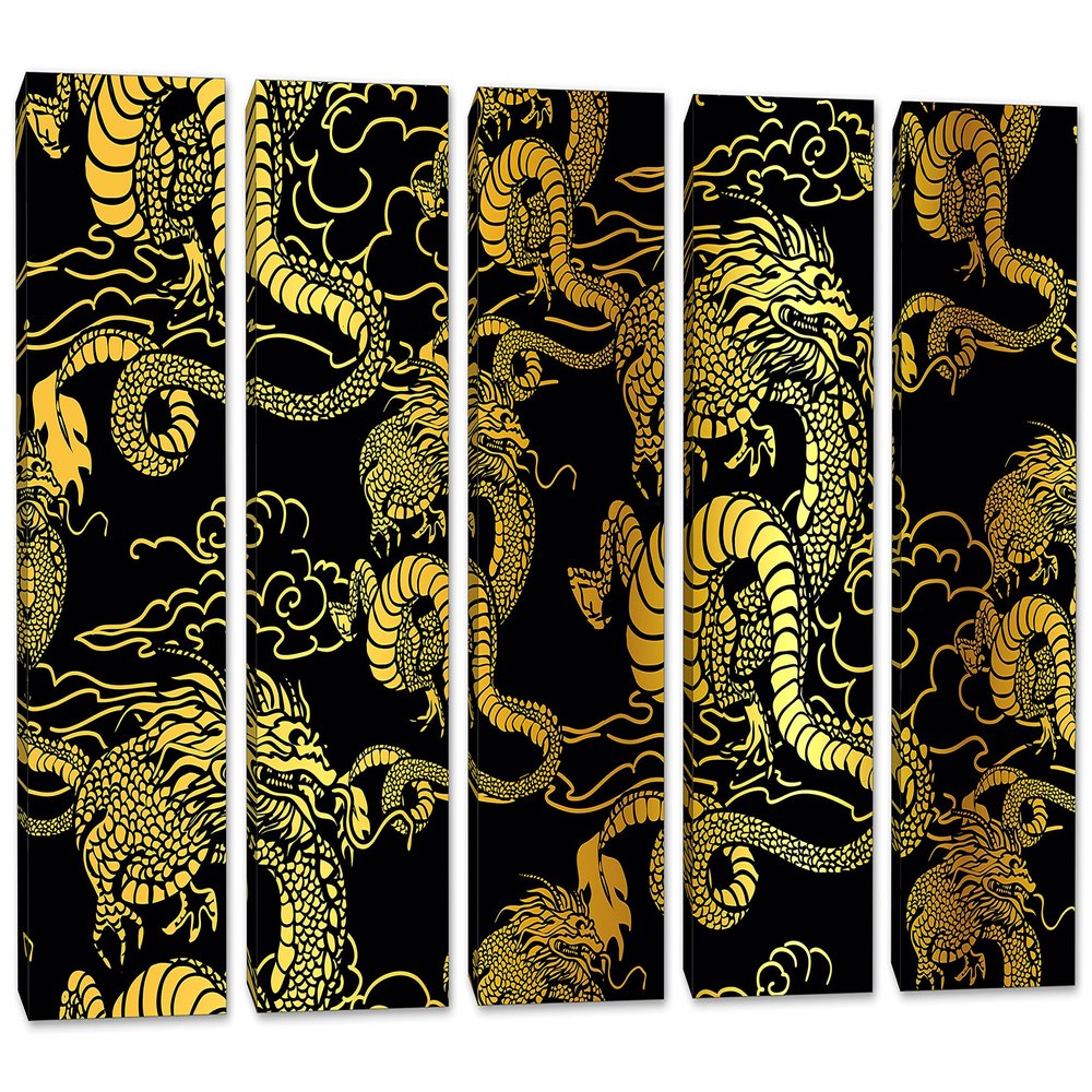 60 x 40 TOTAL - Chinese yellow-gold Dragons Canvas Print Wall Art 5 Panel Split Chinese, asian wall decor