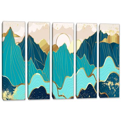 50 x 24 TOTAL - Mountains Wall Art Illustration Canvas Print turquoise gold 5 Panel Split Oriental Decor