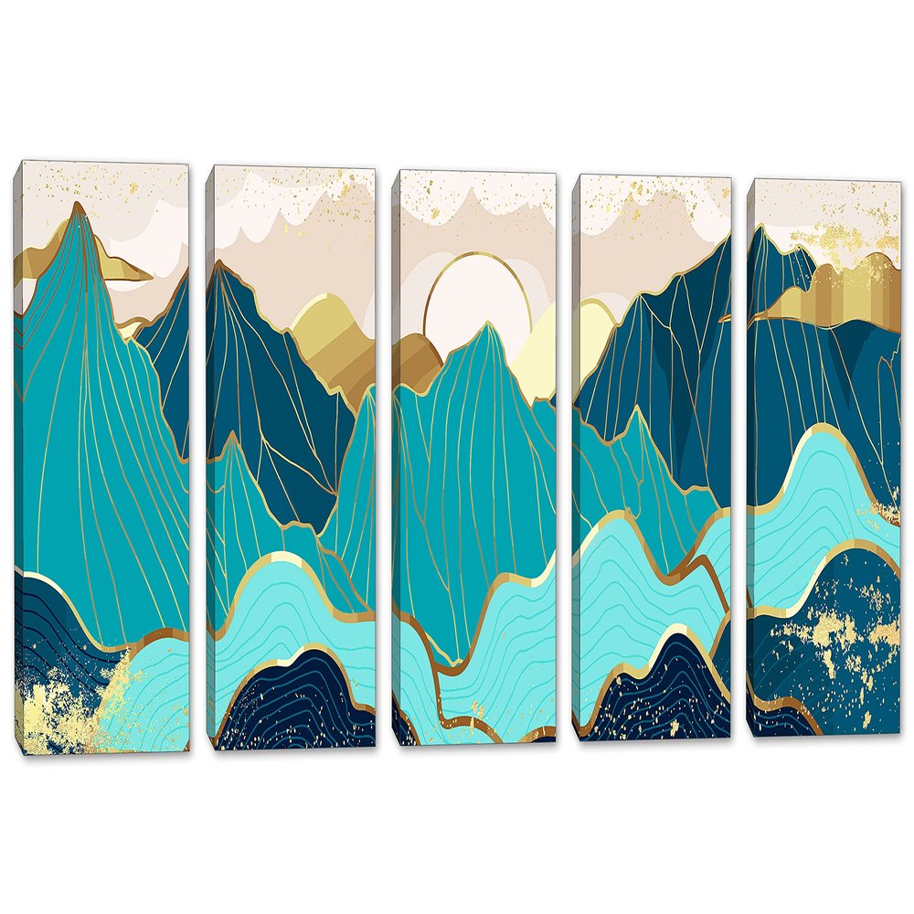50 x 24 TOTAL - Mountains Wall Art Illustration Canvas Print turquoise gold 5 Panel Split Oriental Decor
