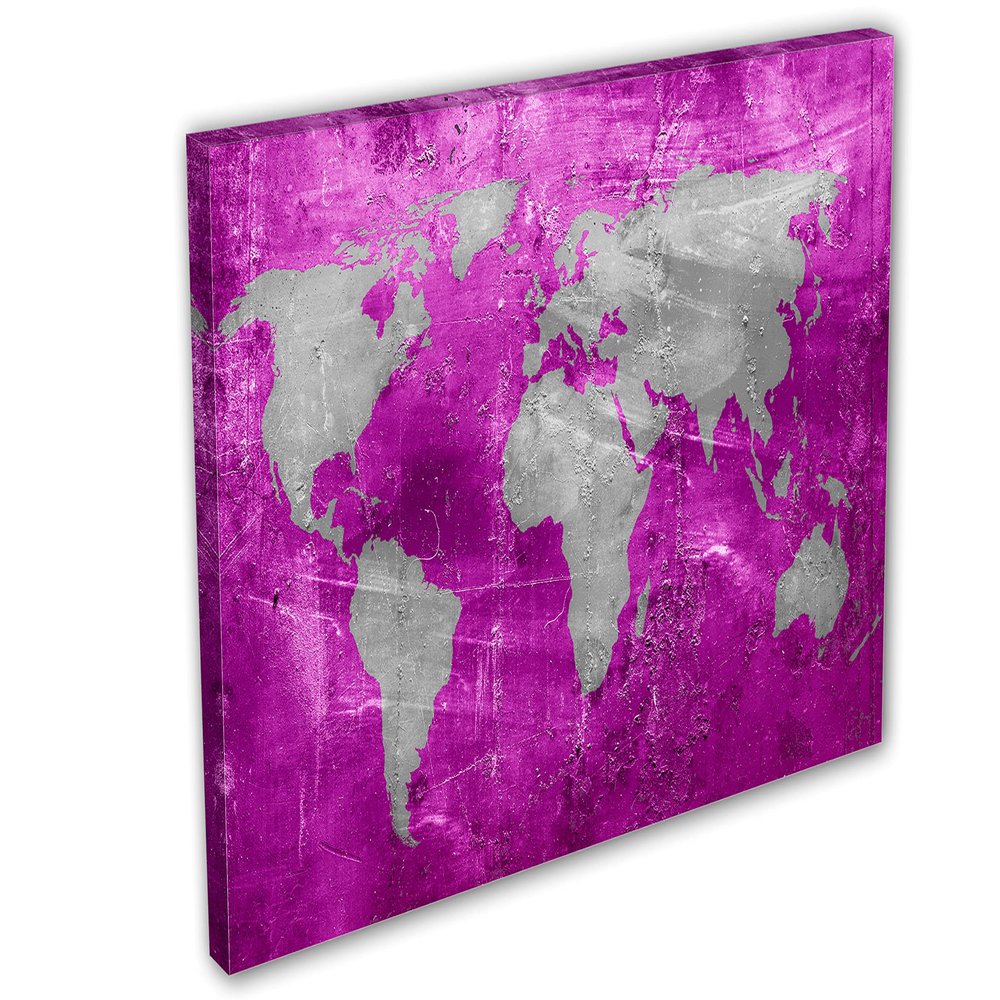 24 x 16 - Pink Purple and Silver World Map Canvas Print Wall Art for interior design