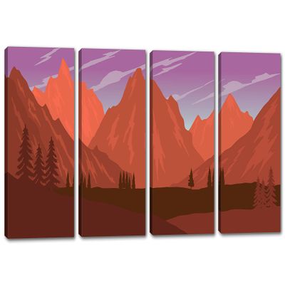 60 x 30 TOTAL - Landscape Illustration Canvas Print Wall Art orange purple 4 Panel Split Mountain SVG Art