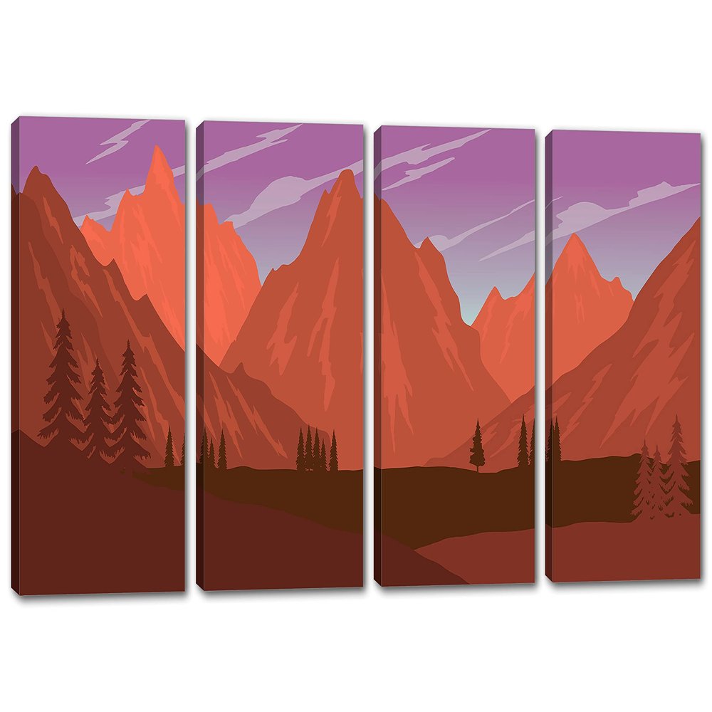 60 x 30 TOTAL - Landscape Illustration Canvas Print Wall Art orange purple 4 Panel Split Mountain SVG Art