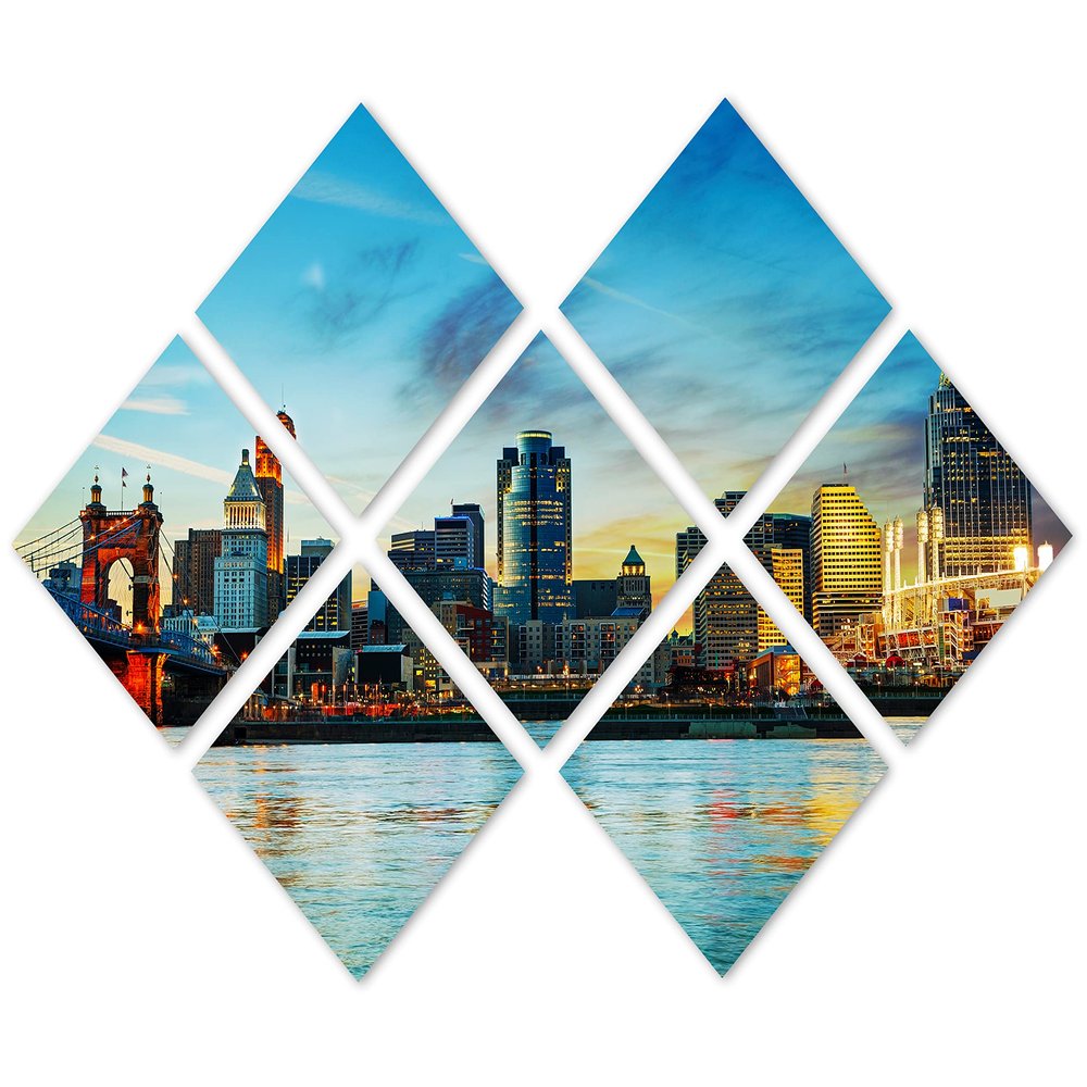 102 x 68 TOTAL - Cincinnati Ohio Skyline Canvas Print Wall Art. 7 Panel Butterfly Split, interior design, room decor