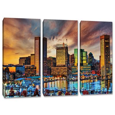 42 x 20 TOTAL - Baltimore MD Canvas Print Wall Art Inner Harbor at Sunset 3 Panel Split. Baltimore Maryland skyline