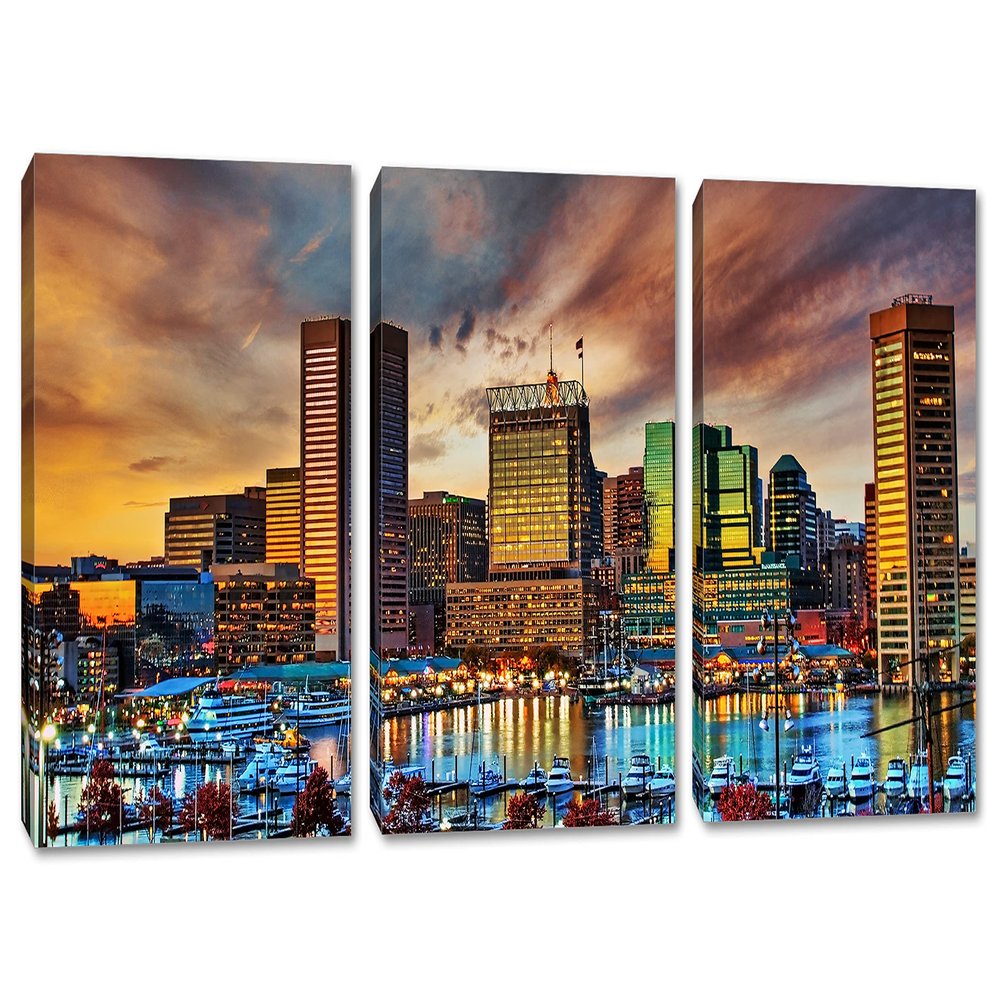42 x 20 TOTAL - Baltimore MD Canvas Print Wall Art Inner Harbor at Sunset 3 Panel Split. Baltimore Maryland skyline