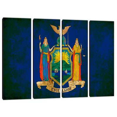 60 x 30 TOTAL - New York Flag Wall Art Canvas Print rustic Grunge 4 Panel Split, state Flag art home decor
