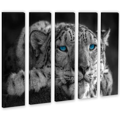 90 x 60 TOTAL - Snow Leopard Blue Eyes Canvas Print Wall Art 5 Panel split, Animal Home Wall Decor