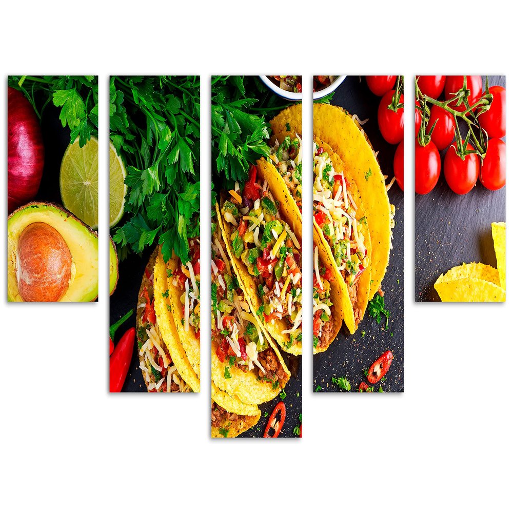 80 x 42 TOTAL - Tacos & Tortillas Canvas Print Wall Art 5 Panel Waterfall Split Mexican Food vegetables kitchen art