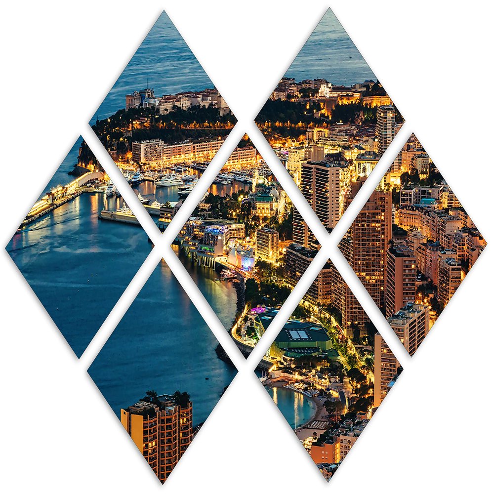 102 x 68 TOTAL - Monte Carlo, Monaco Canvas Print Wall Art at dusk 7 Panel Butterfly Split Moaco on the Cote d'Azur