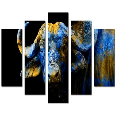 80 x 42 TOTAL - watercolor Buffalo Canvas Print Wall Art blue, orange 5 Panel Diamond Split - animal wall decor
