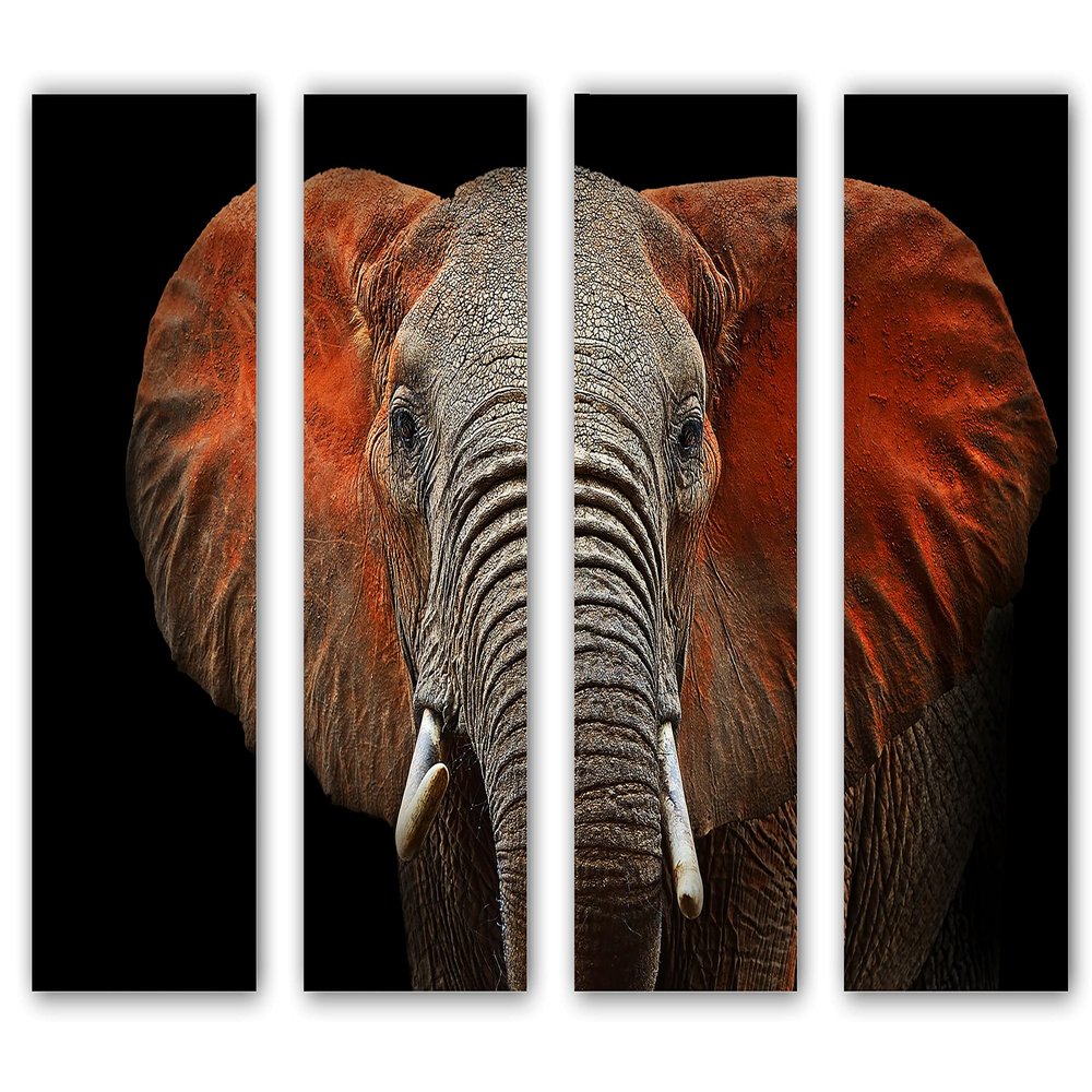 32 x 20 TOTAL - African Elephant Canvas Print Wall Art. 4 Panel Split. Room wall decor. Red ears