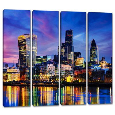 64 x 40 TOTAL - London Skyline Wall Art Canvas Print purple blue 4 Panel Split London, England FIDI Art