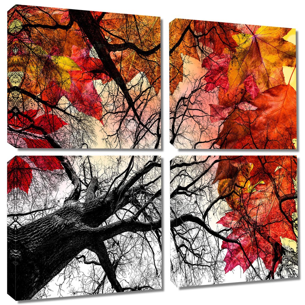 20 x 20 TOTAL - Tree & Colorful Leafs Canvas Print - 4 Panel Split, Quad Wall Art