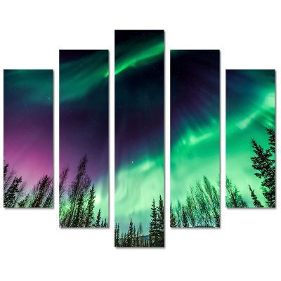 80 x 42 TOTAL - Aurora Borealis, Northern Lights Canvas Print. 5 Panel Diamond Split Wall art. Purple Green