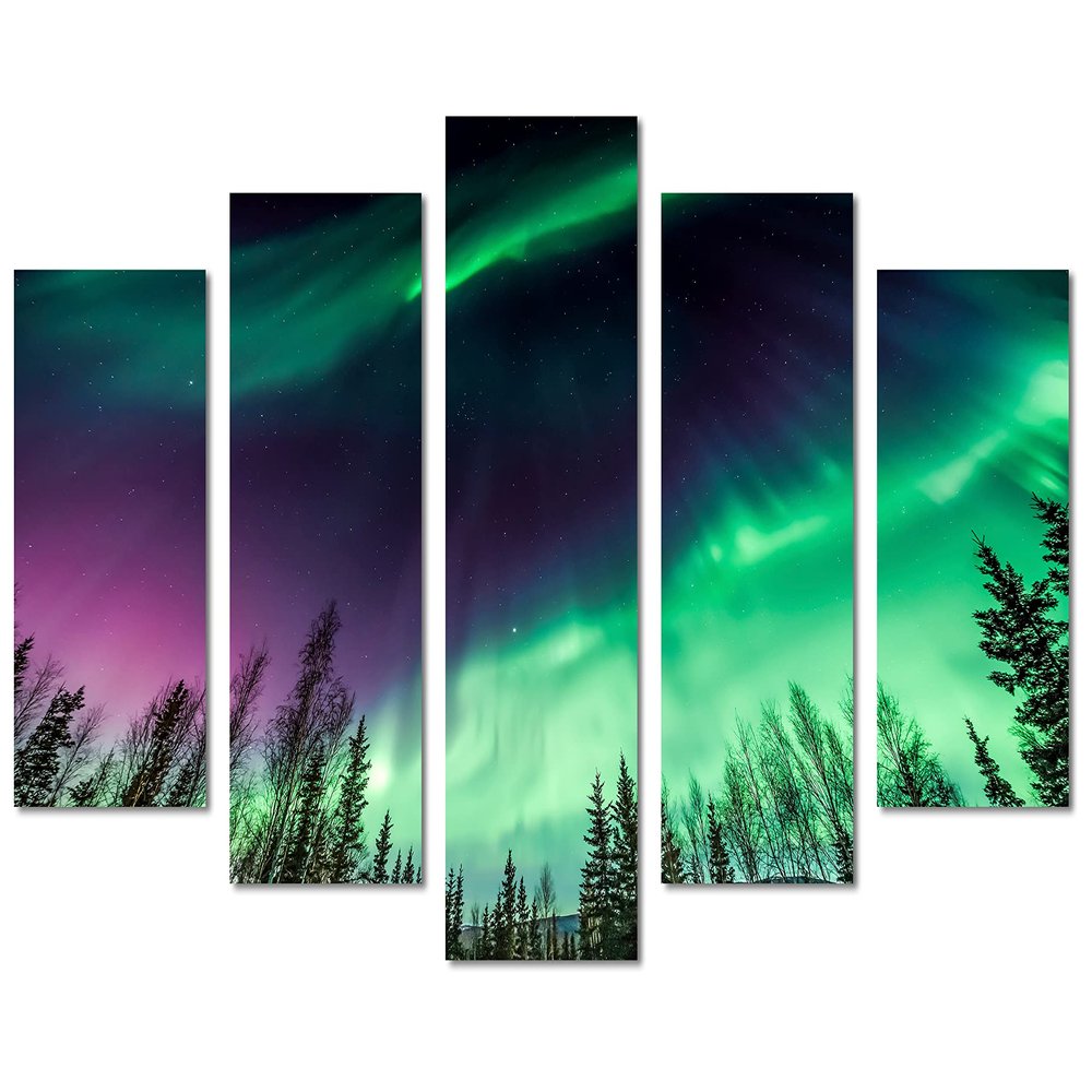 80 x 42 TOTAL - Aurora Borealis, Northern Lights Canvas Print. 5 Panel Diamond Split Wall art. Purple Green