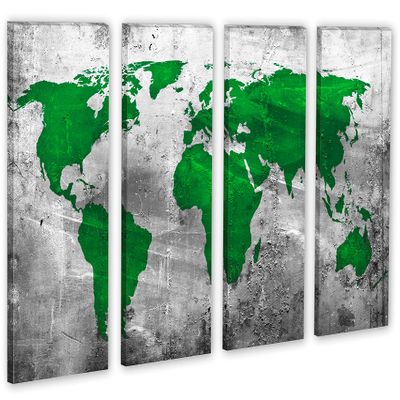 80 x 50 TOTAL - Abstract Silver Green World Map Canvas Print - 4 Panel Split. Metallic Silver background