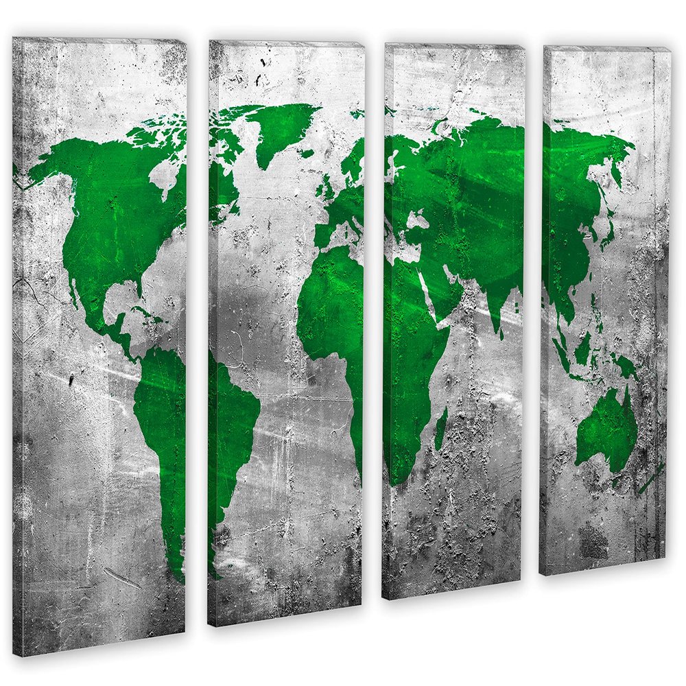 80 x 50 TOTAL - Abstract Silver Green World Map Canvas Print - 4 Panel Split. Metallic Silver background