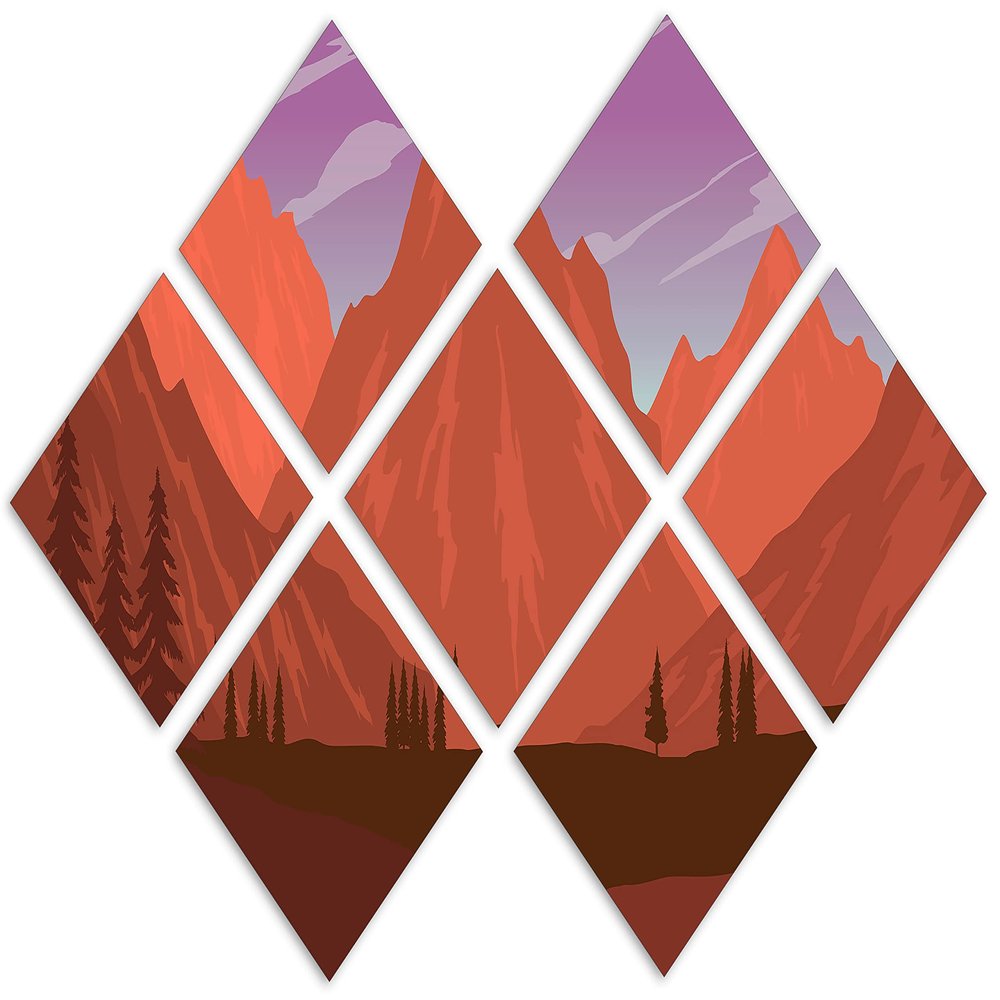 102 x 68 TOTAL - Landscape Illustration Canvas Print Wall Art orange purple 7 Panel Butterfly Split Mountain SVG Art