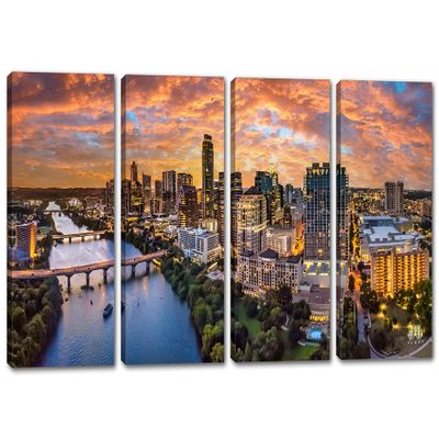 60 x 30 TOTAL - Austin Texas skyline Canvas Print Wall Art orange skies 4 Panel Split Austin, TX during evening