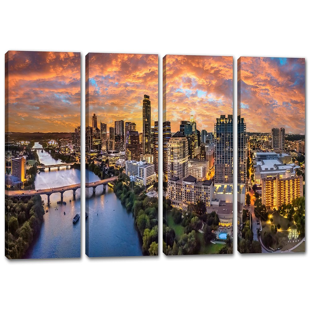 60 x 30 TOTAL - Austin Texas skyline Canvas Print Wall Art orange skies 4 Panel Split Austin, TX during evening
