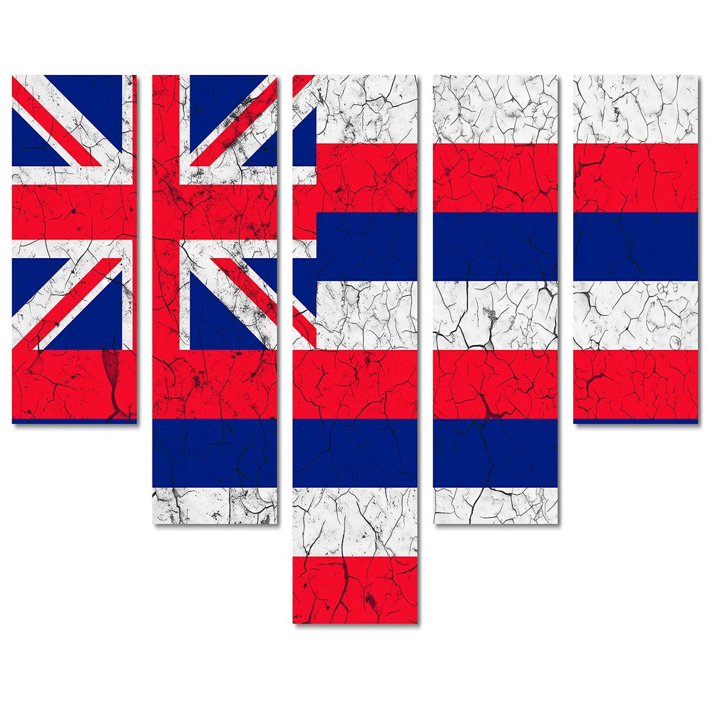 80 x 42 TOTAL - Hawaii Flag Canvas Print Wall Art cracked effect - 5 Panel Waterfall Split, USA State Flag Art
