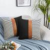 16x16 Pillow Covers Set of 2 Boho Rustic Farmhouse Decorative Striped and Black Linen Throw Pillow Covers Modern Brown Faux Leather Covers for Couch Sofa, Navy Striped view 2