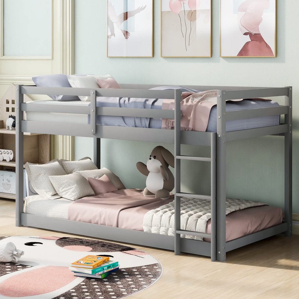 MWrouqfur Twin Over Twin Bunk Bed with Ladder & Safety Guardrails,Solid Pinewood Bedframe,Low Floor BunkBed for Boys and Girls Bedroom,Space Saving,No Box Spring Needed (Gray)
