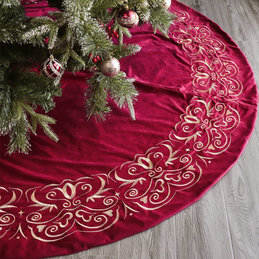 Bunny Chorus Christmas Tree Skirt, 72 inch Extra Large Velvet Fur Plush Red Tree Skirt, Xmas Tree Skirts with Gold Embroidered for Merry Christmas Party Large Christmas Tree Holiday Decorations