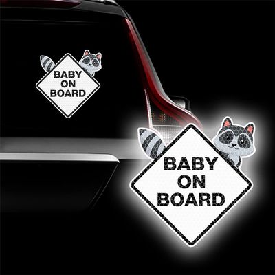 Leniutor Highly Reflective Baby On Board Sticker for Cars, Raccoon Bear Kids Baby in Car Vinyl Car Decal for Rear Window Bumper Decor Stickers Caution Night Sign 6.1 x 6.25inch (White, 2)