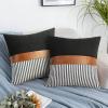 20x20 Pillow Covers Set of 2 Farmhouse Decor Stripe Patchwork Linen Throw Pillow Covers Modern Faux Leather Covers for Couch Sofa,Navy Blue view 1