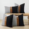 20x20 Pillow Covers Set of 2 Farmhouse Decor Stripe Patchwork Linen Throw Pillow Covers Modern Faux Leather Covers for Couch Sofa,Navy Blue view 4