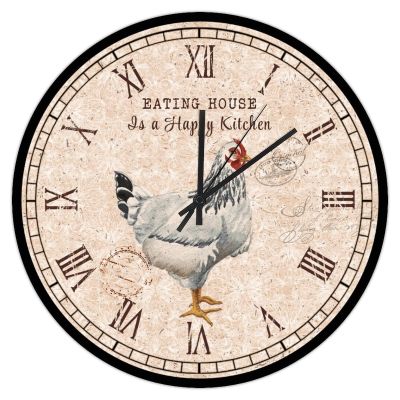 Vintage Farm Rooster Wall Clock 15in Eating House is A Happy Kitchen Wood Wall Clock Slient Tuscan Style Valentine's Day Gift Country Antique Art for Hallway Sewing Room Laundry Room Back Patio