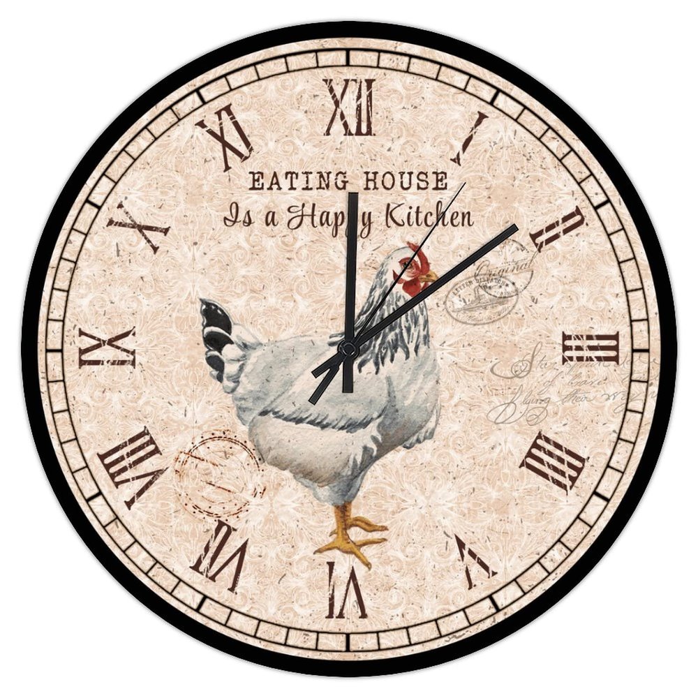 Vintage Farm Rooster Wall Clock 15in Eating House is A Happy Kitchen Wood Wall Clock Slient Tuscan Style Valentine's Day Gift Country Antique Art for Hallway Sewing Room Laundry Room Back Patio