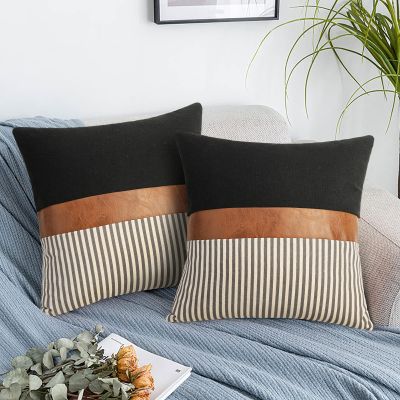 20x20 Pillow Covers Set of 2 Farmhouse Decor Stripe Patchwork Linen Throw Pillow Covers Modern Faux Leather Covers for Couch Sofa, Gray