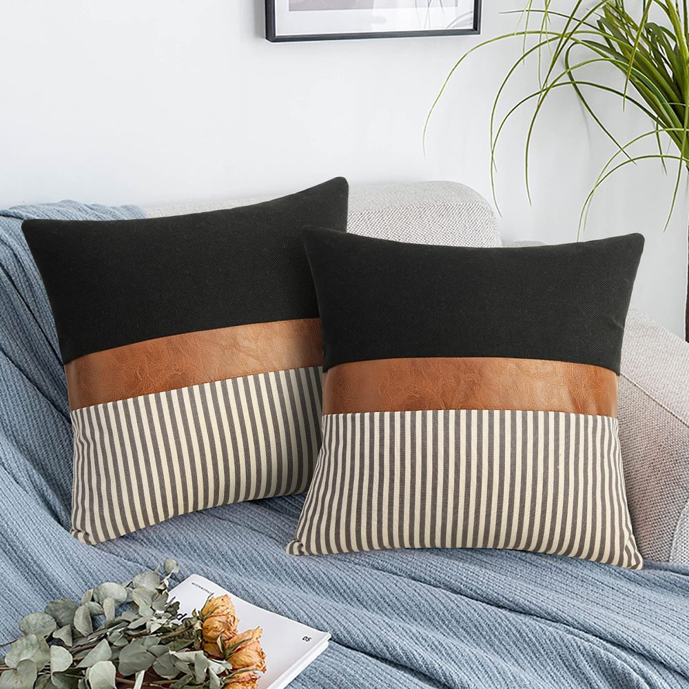 20x20 Pillow Covers Set of 2 Farmhouse Decor Stripe Patchwork Linen Throw Pillow Covers Modern Faux Leather Covers for Couch Sofa, Gray