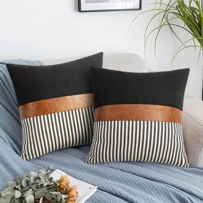 22x22 Pillow Covers Set of 2 Boho Rustic Farmhouse Decorative Striped and Black Linen Throw Pillow Covers Modern Brown Faux Leather Covers for Couch Sofa, Black Striped