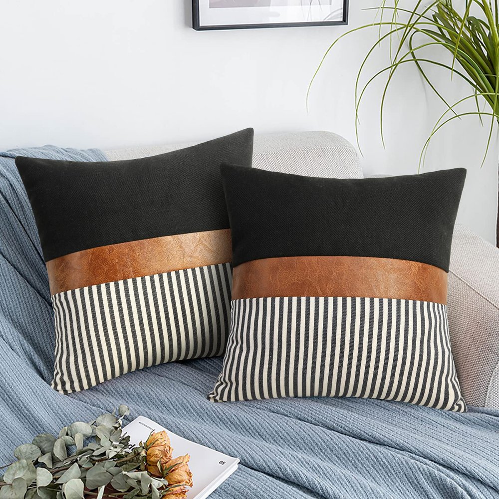 22x22 Pillow Covers Set of 2 Boho Rustic Farmhouse Decorative Striped and Black Linen Throw Pillow Covers Modern Brown Faux Leather Covers for Couch Sofa, Black Striped