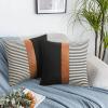 22x22 Pillow Covers Set of 2 Boho Rustic Farmhouse Decorative Striped and Black Linen Throw Pillow Covers Modern Brown Faux Leather Covers for Couch Sofa, Black Striped view 2