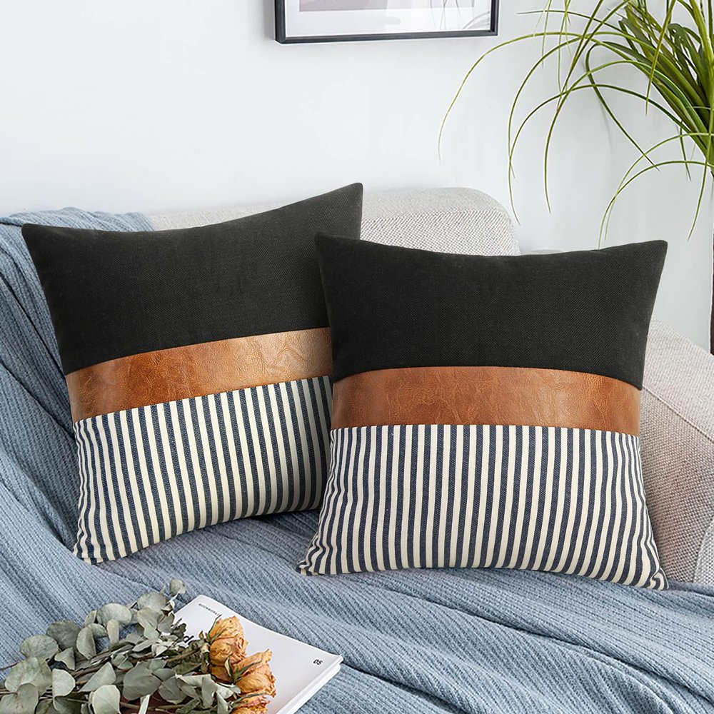 22x22 Pillow Covers Set of 2 Boho Rustic Farmhouse Decorative Striped and Black Linen Throw Pillow Covers Modern Brown Faux Leather Covers for Couch Sofa, Navy Striped