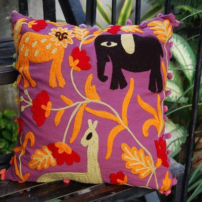 INDACORIFY Animal Print Suzani Pillow, Embroidered Pillow Cover 16x16, Decorative Throw Pillow Cover, Indian Pom Pom Outdoor(20)