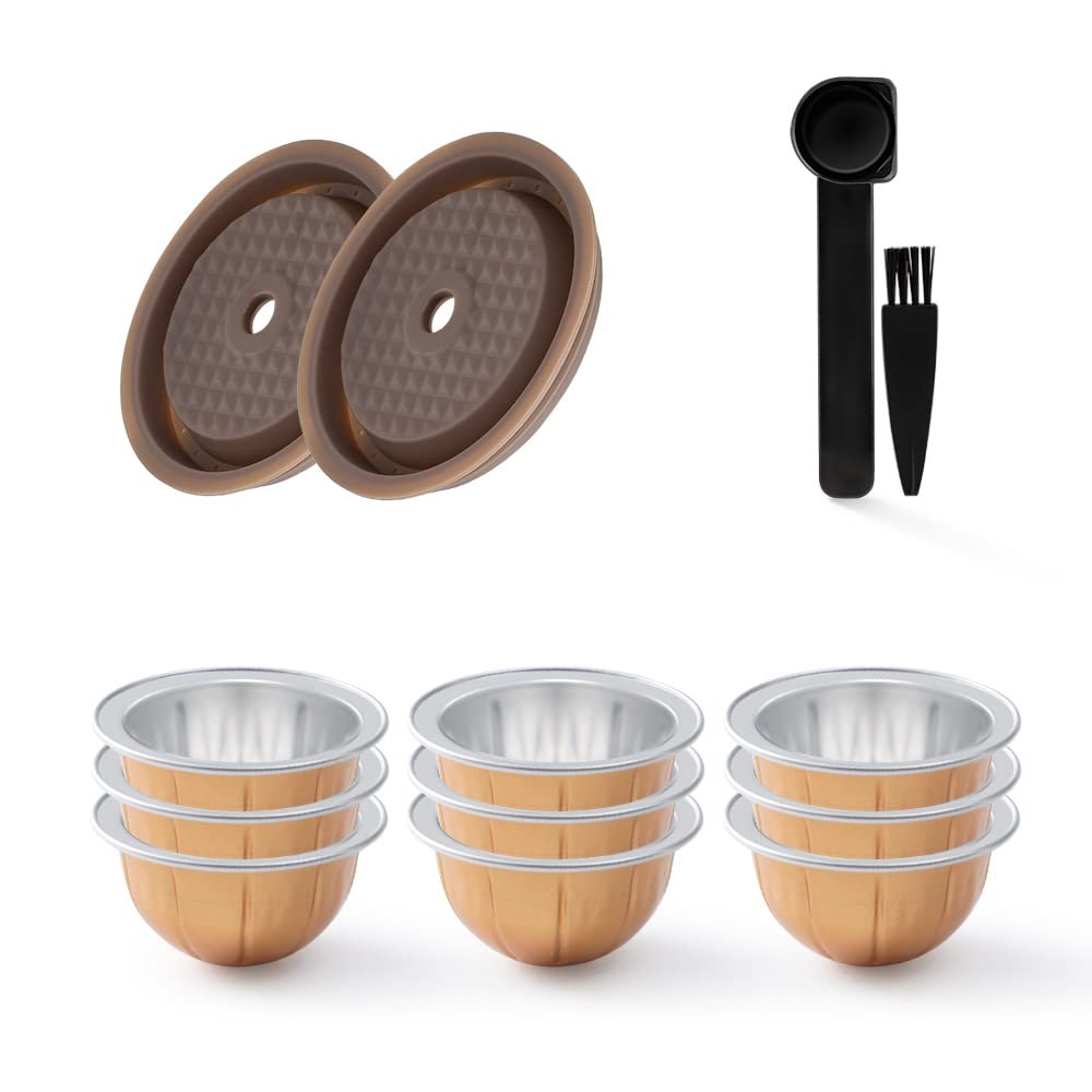 Reusable VERTUO Capsule Caps 2 Pcs + EMPTY Refillable VERTUOLINE Pods-80+150+230ml Each 3 Pcs For Vertuoline Coffee Machine, BENFUCHEN Silicone Capsule Discs For Refillable Nespresso Vertuo Pods